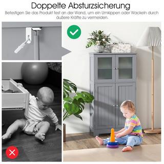 B2X 4-türiger Badezimmerschrank mit Glastüren & Verstellbarem Regal Küchenschrank Grau  