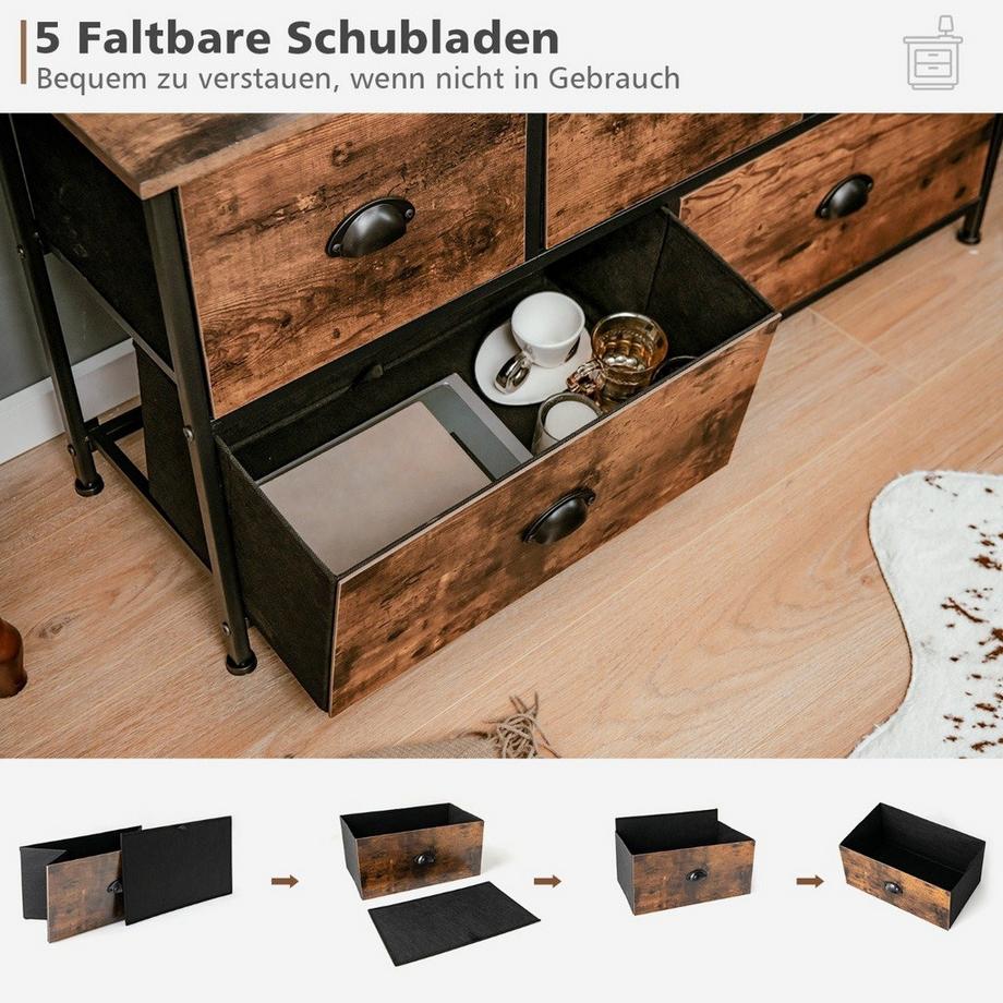 Northix 2-stöckige Rustikale Kommode mit 5 Schubladen & Faltbaren Stoffschubladen  
