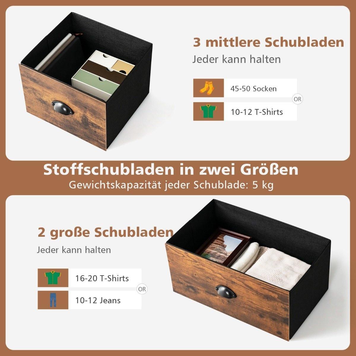 Northix Commode rustique à 2 niveaux avec 5 tiroirs et tiroirs pliables en tissu  