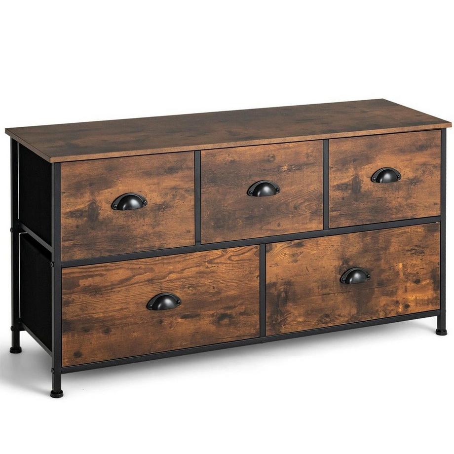 Commode rustique à 2 niveaux avec 5 tiroirs et tiroirs pliables en tissu