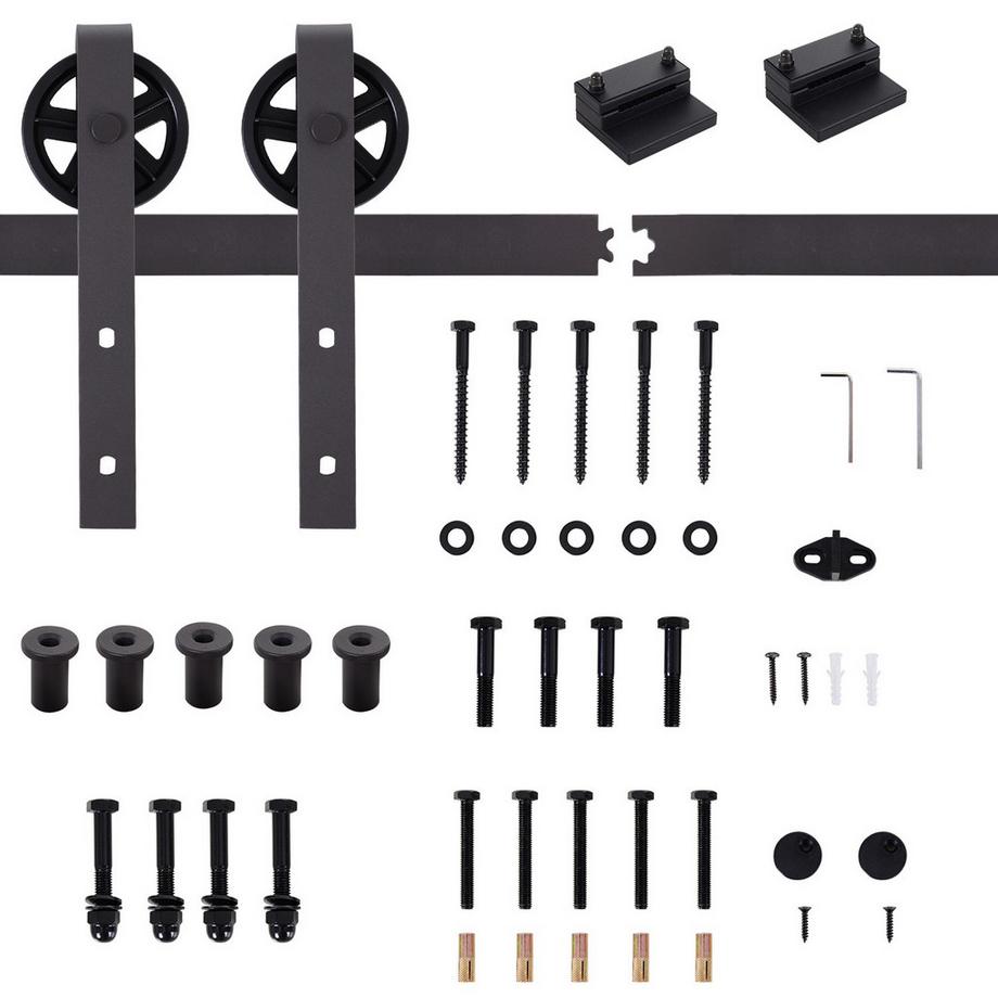 Northio  Schiebetüren-Beschlagsatz 183 cm Komplett-Set mit Schienen, Rollen, Schienenstopper, Bodenblock, Set Türschrauben, Schiebetürsystem aus Kohlenstoffstahl Dunkelbraun 