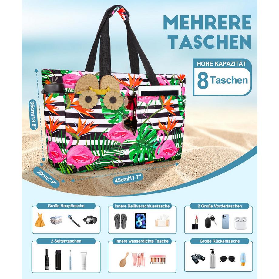Only-bags.store Grosse Strandtasche mit Reissverschluss wasserdicht sandfest Umhängetasche  