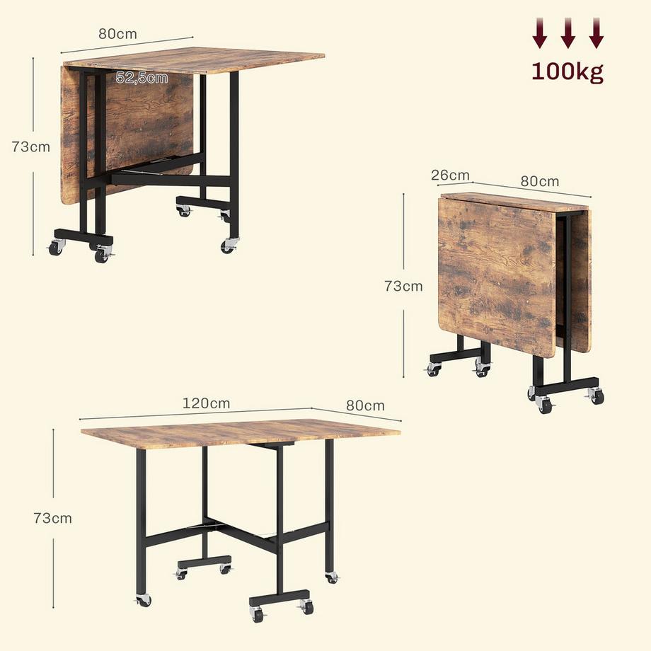 Northio Esstisch Klappbar Küchentisch mit Rollen, Bremsen für 4-6 Personen, Klapptisch für kleine Räume, Küche, bis 100 kg belastbar, 120 x 80 x 73 cm, Rustikal-Braun  