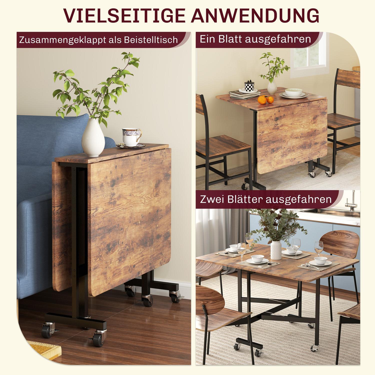 Northio Table à manger pliante, table de cuisine à roulettes, freins pour 4-6 personnes, table pliante pour petites pièces de cuisine, capacité de charge jusqu'à 100 kg, 120 x 80 x 73 cm, marron rustique  