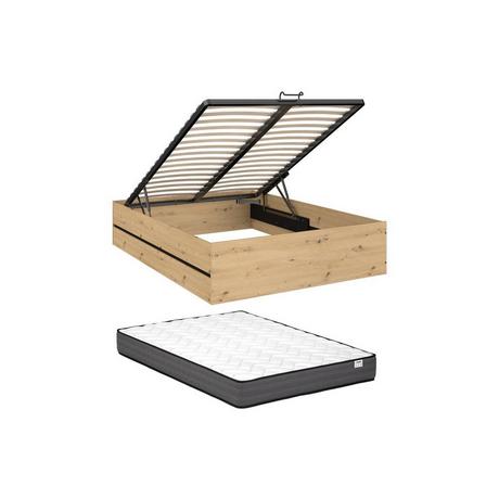 Vente-unique Lit coffre 140 x 190 cm - Coloris : Naturel et noir + Matelas - LUDARO  