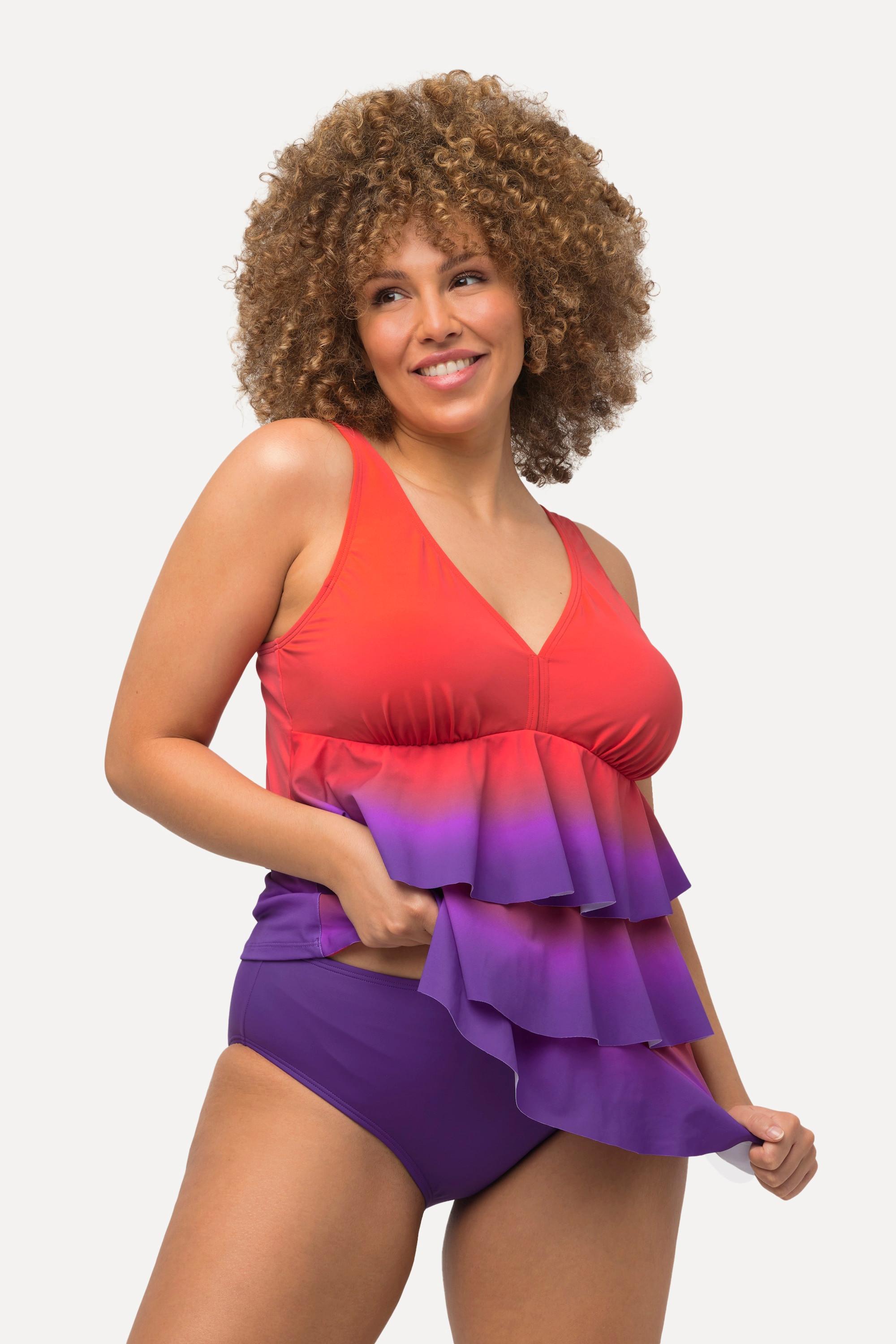 Ulla Popken  Tankini con gradiente di colore, volant, coppe morbide e scollo a V 