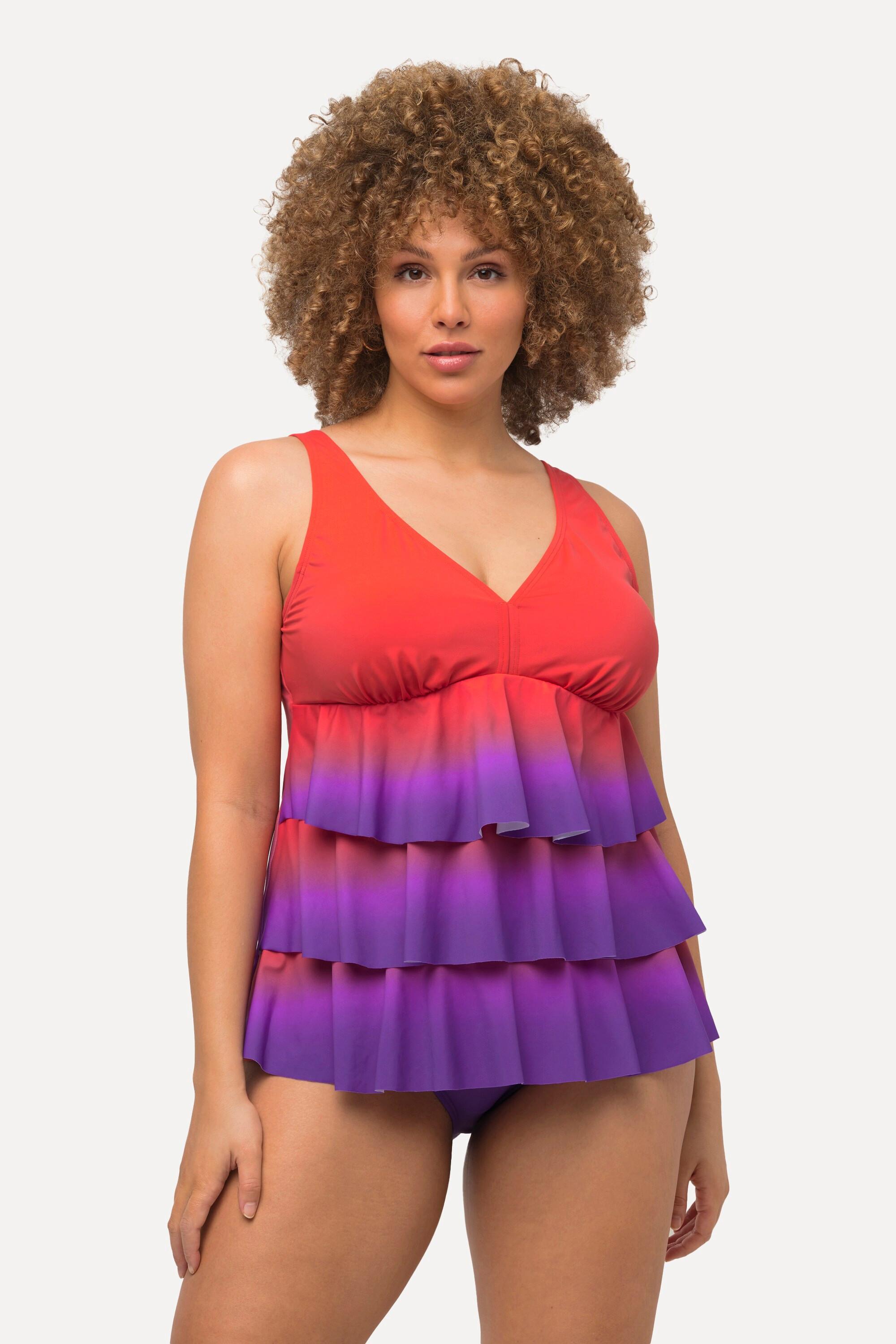 Ulla Popken  Tankini, dégradé de couleur, volants, bonnets souples, encolure en V 