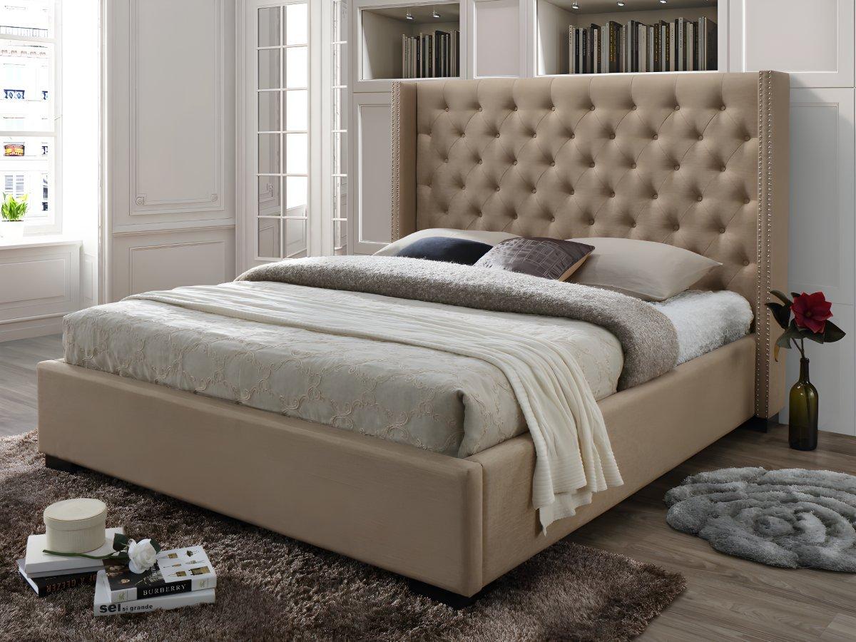 Vente-unique Lit avec tête de lit capitonnée - 160 x 200 cm - Tissu - Beige + Matelas - MASSIMO II  