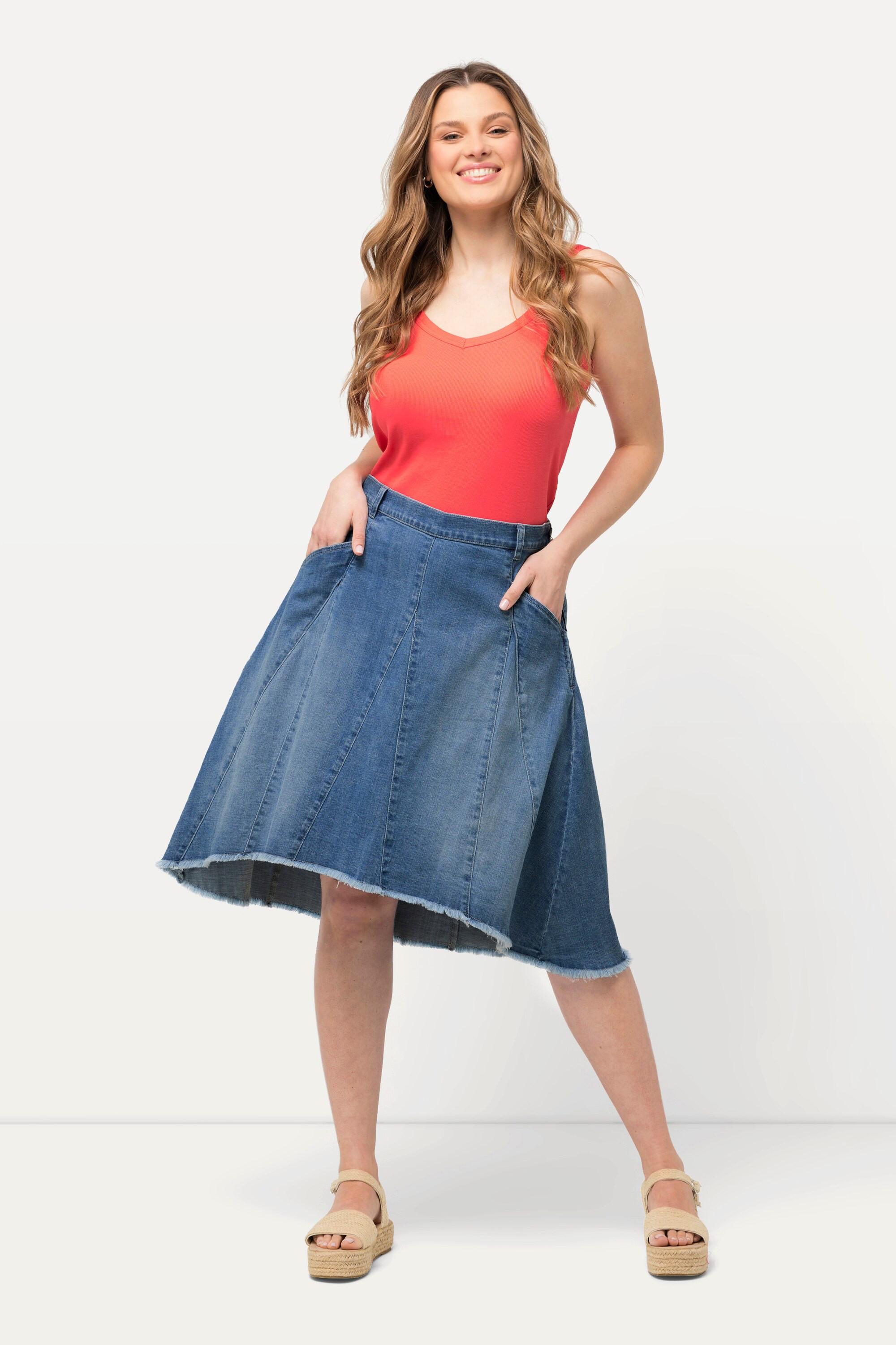 Ulla Popken Gonna di jeans Pieghe Godet Taglio Svasato Orlo Sfrangiato  