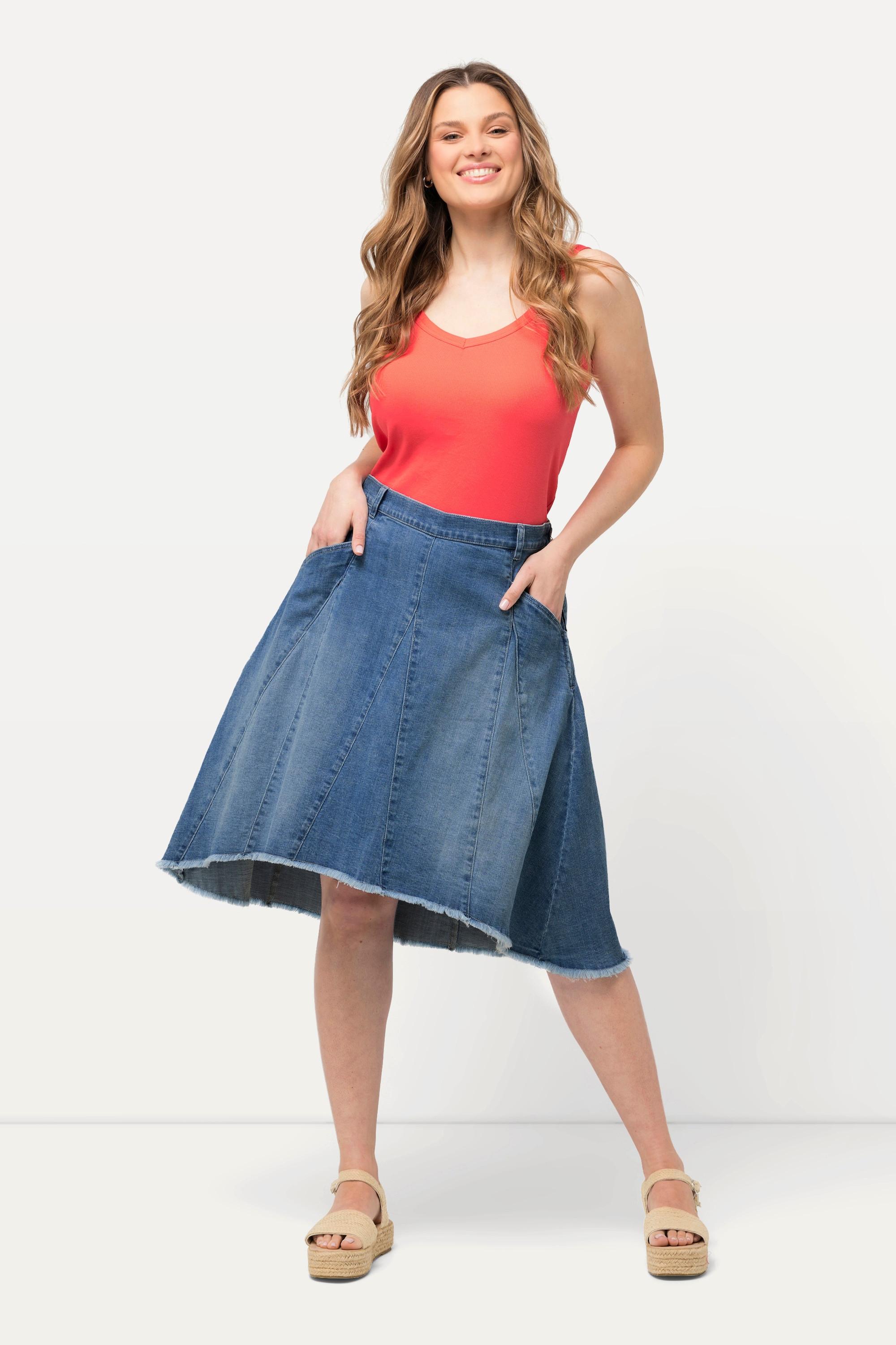 Ulla Popken Gonna di jeans Pieghe Godet Taglio Svasato Orlo Sfrangiato  