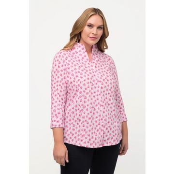 Blusa con fiori, righe, scollo montante e maniche a 3/4