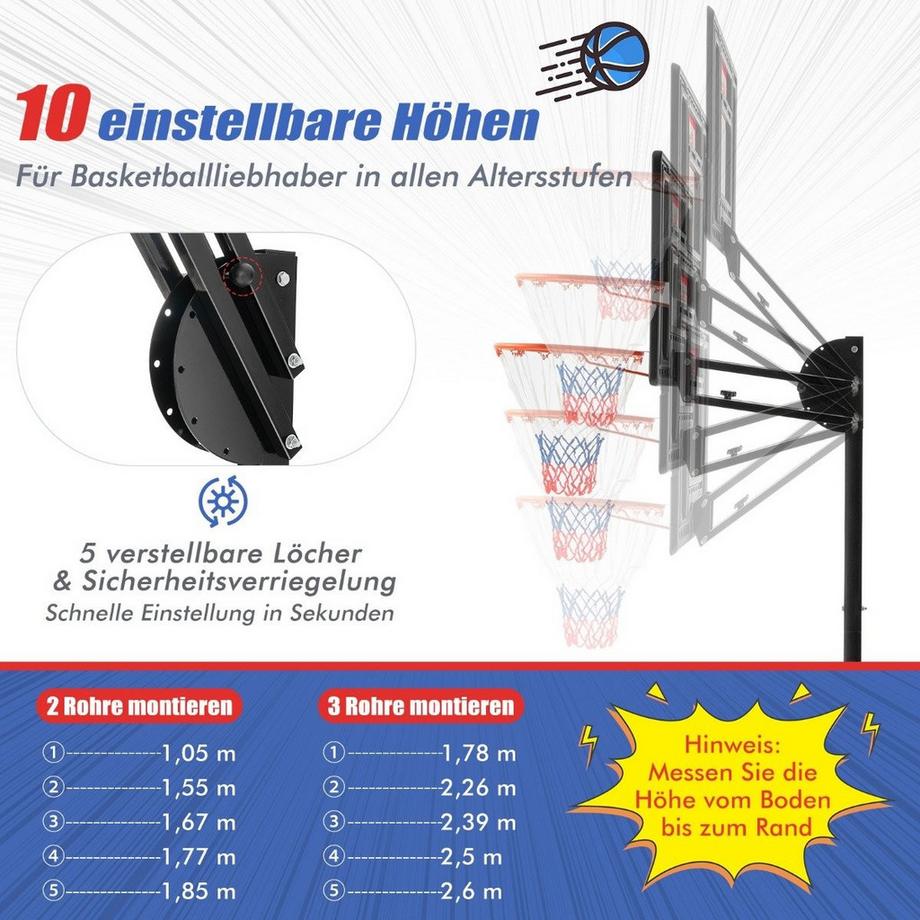 Northix  Höhenverstellbarer Basketballständer Basketballkorb mit Ständer & 2 Rädern 105-260 cm Schwarz 