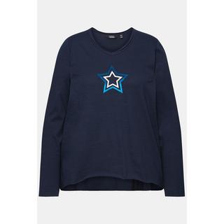 Ulla Popken  T-shirt avec étoiles et bords roulottés, décolleté en V et manches longues, coupe évasée 