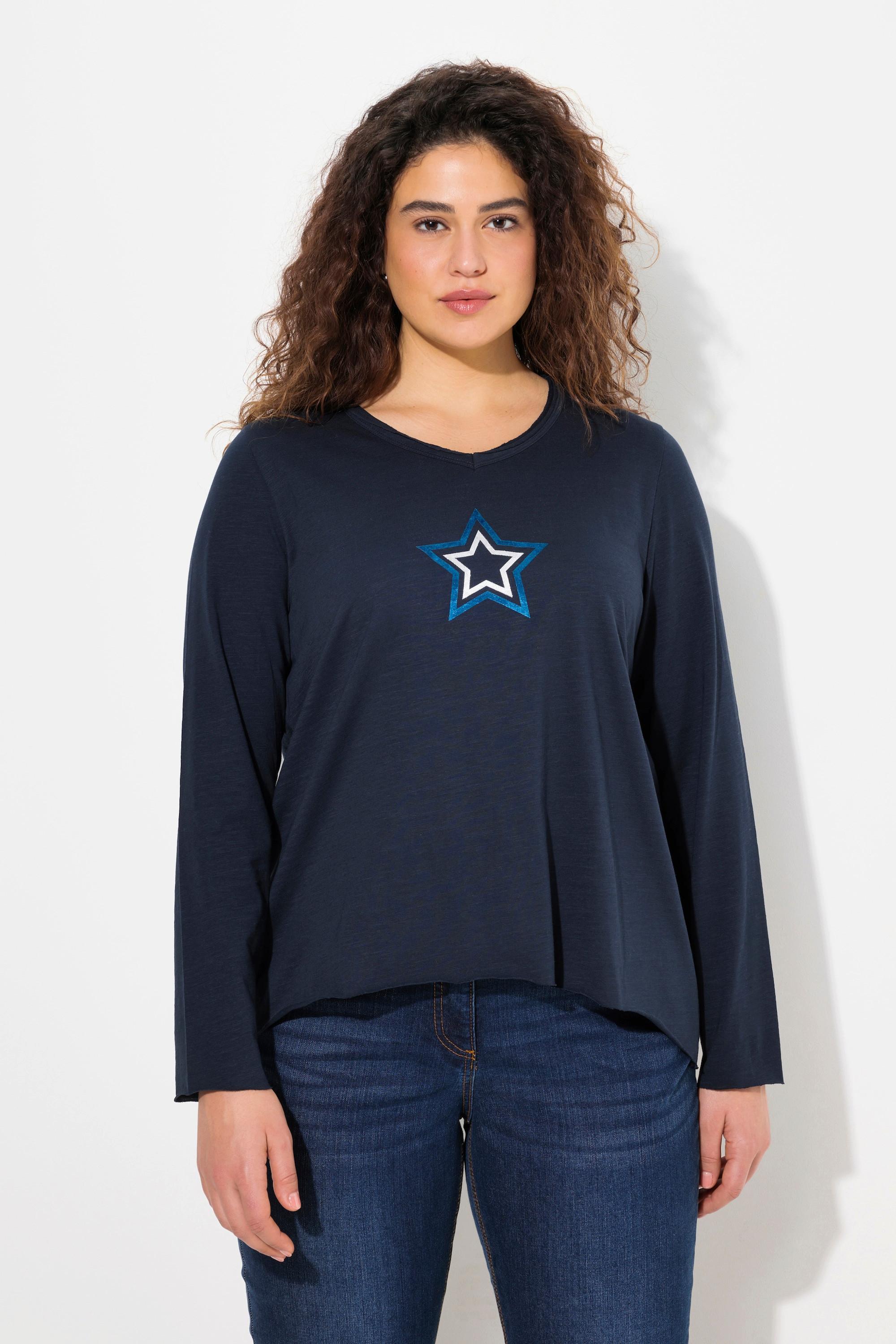 Ulla Popken  T-shirt avec étoiles et bords roulottés, décolleté en V et manches longues, coupe évasée 