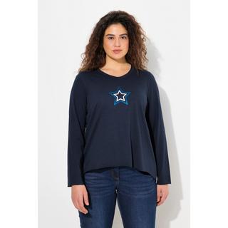 Ulla Popken  T-shirt avec étoiles et bords roulottés, décolleté en V et manches longues, coupe évasée 