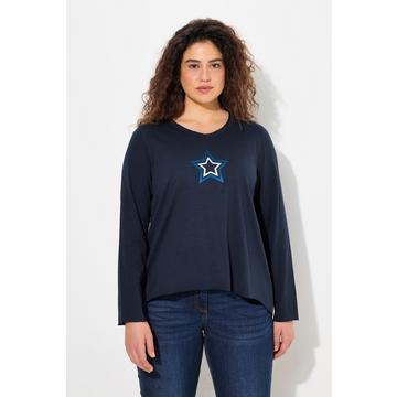 T-shirt avec étoiles et bords roulottés, décolleté en V et manches longues, coupe évasée