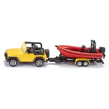 1658, Jeep mit Boot, Metall/Kunststoff, Gelb/Rot, Abnehmbarer Anhänger, Schwimmfähiges Boot
