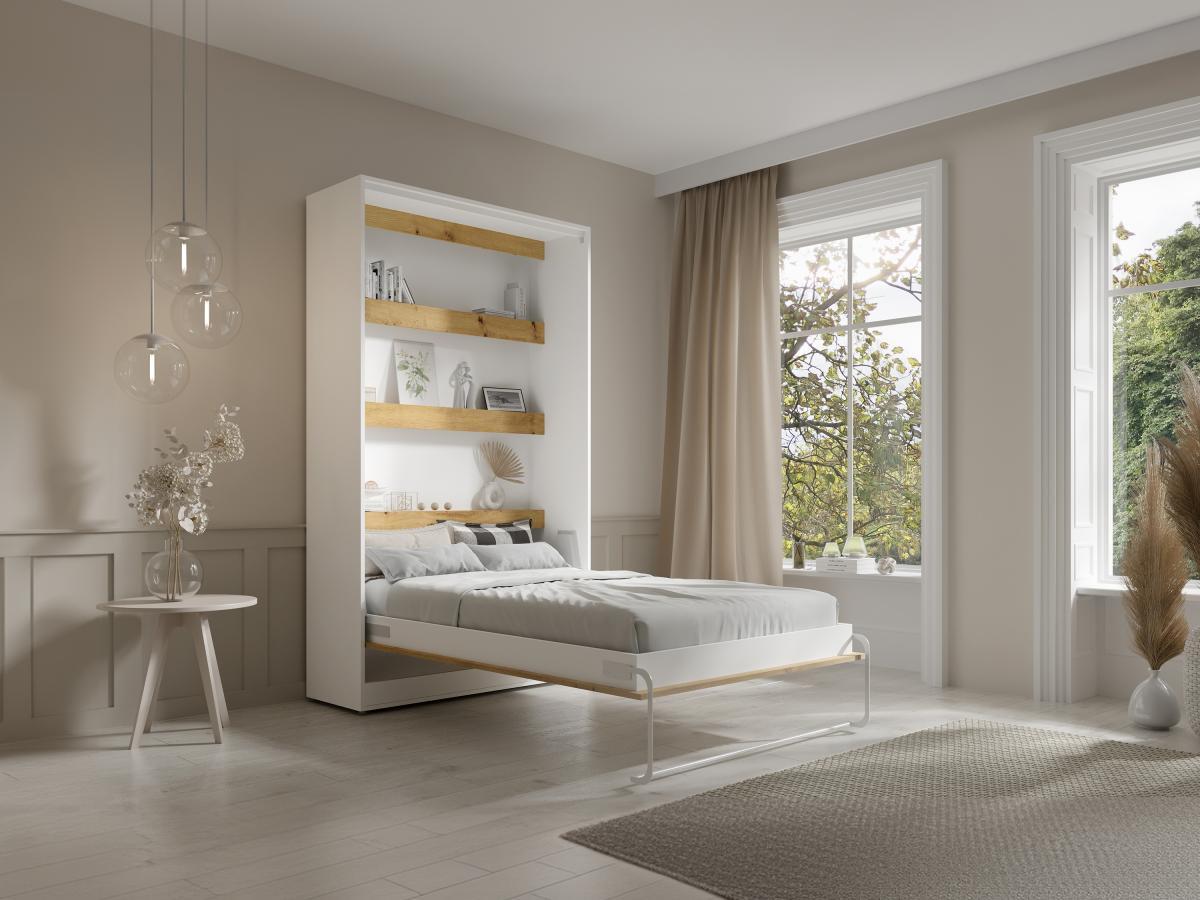 Vente-unique Schrankbett + Matratze - 120 x 200 cm - Manuelle vertikale Öffnung - Mit LED-Beleuchtung - Weiß & Holzfarben - RAPILI  