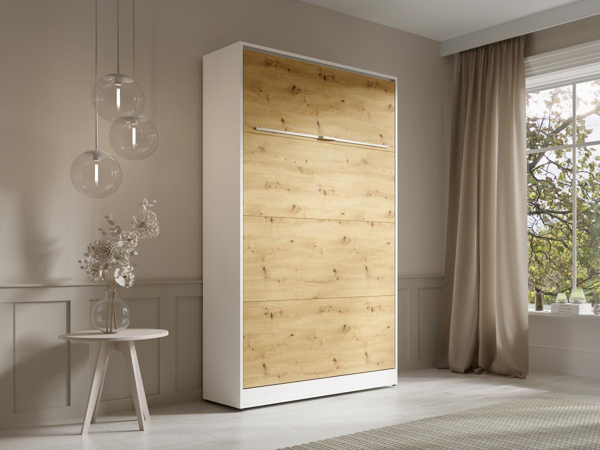 Vente-unique Schrankbett + Matratze - 120 x 200 cm - Manuelle vertikale Öffnung - Mit LED-Beleuchtung - Weiß & Holzfarben - RAPILI  