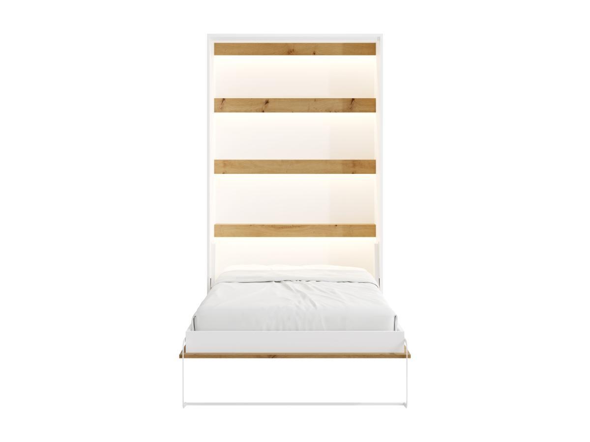 Vente-unique Lit escamotable 120 x 200 cm - Ouverture verticale manuelle - Avec LEDs - Blanc et naturel + Matelas - RAPILI  