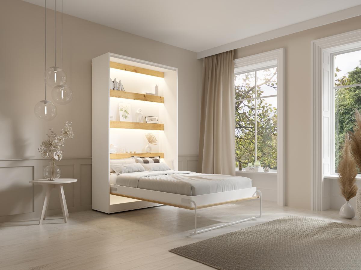 Vente-unique Schrankbett + Matratze - 120 x 200 cm - Manuelle vertikale Öffnung - Mit LED-Beleuchtung - Weiß & Holzfarben - RAPILI  