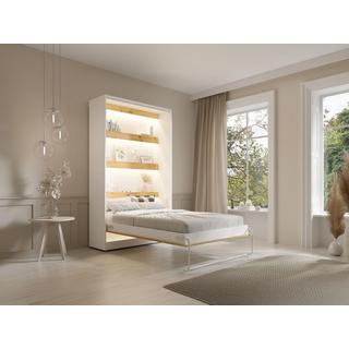 Vente-unique Lit escamotable 120 x 200 cm - Ouverture verticale manuelle - Avec LEDs - Blanc et naturel + Matelas - RAPILI  