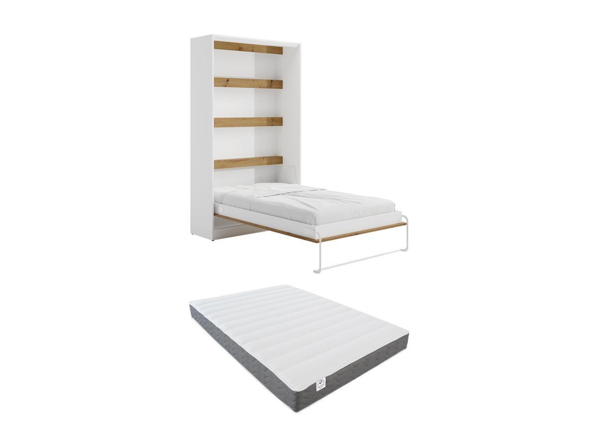 Vente-unique Lit escamotable 120 x 200 cm - Ouverture verticale manuelle - Avec LEDs - Blanc et naturel + Matelas - RAPILI  