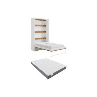 Vente-unique Lit escamotable 120 x 200 cm - Ouverture verticale manuelle - Avec LEDs - Blanc et naturel + Matelas - RAPILI  