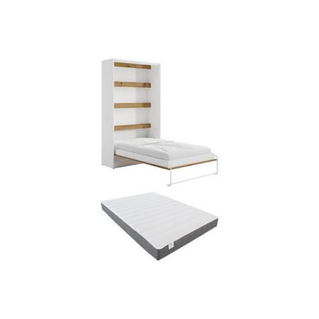 Vente-unique Lit escamotable 120 x 200 cm - Ouverture verticale manuelle - Avec LEDs - Blanc et naturel + Matelas - RAPILI  