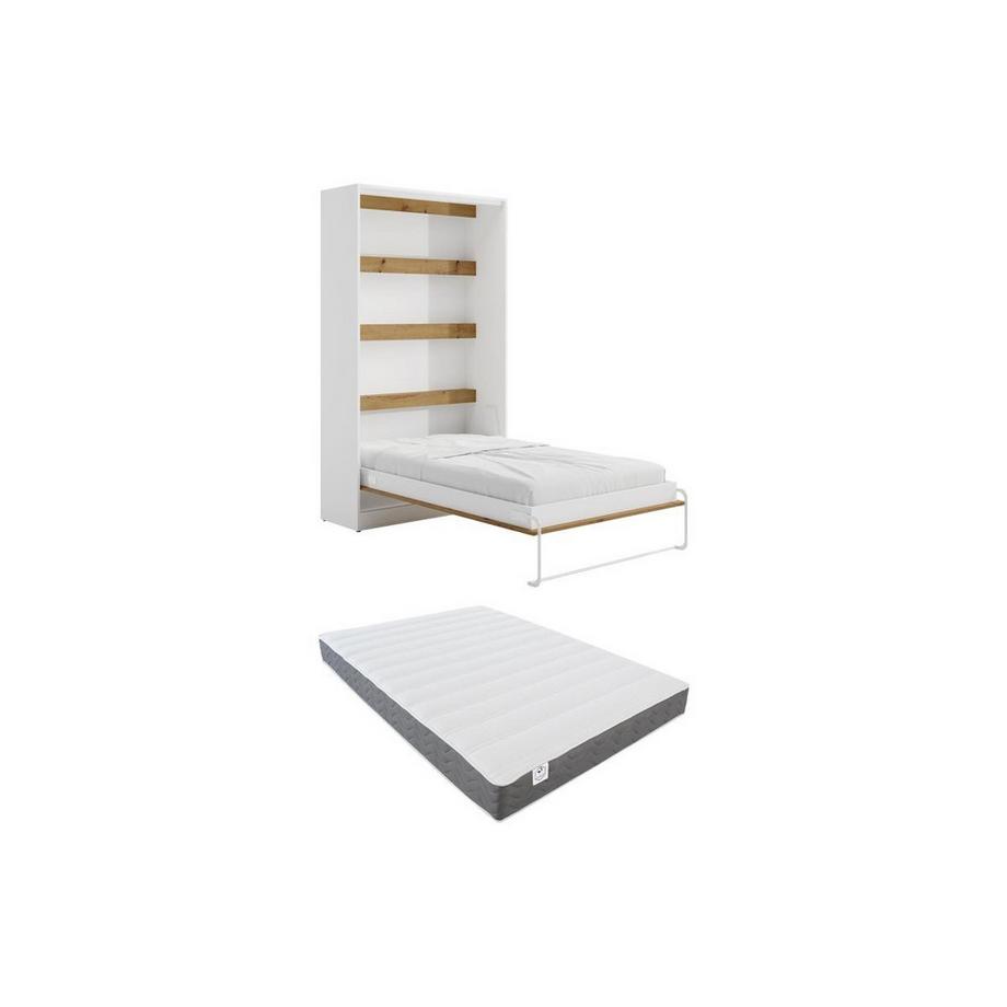 Lit escamotable 120 x 200 cm - Ouverture verticale manuelle - Avec LEDs - Blanc et naturel + Matelas - RAPILI