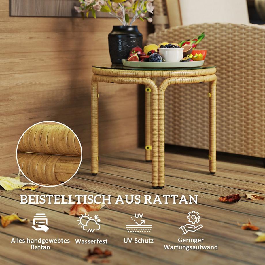 Northio Beistelltisch aus Polyrattan runder Couchtisch mit Glas Tischplatte Nachttisch Gartentisch Gartenmöbel Kaffeetisch Sofatisch für Wohnzimmer Garten Terrasse Balkon, Ø50 cm Gelb |  