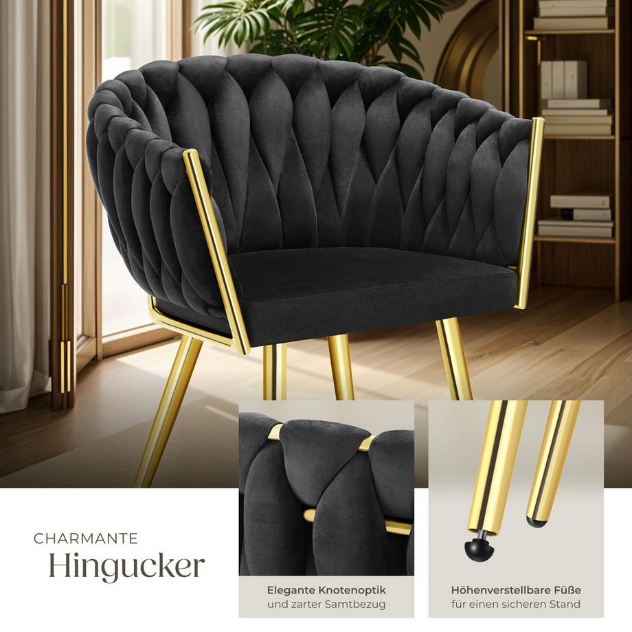 Tectake Set Esszimmerstuhl Astano gepolstert, mit Samtbezug, Knotendesign durchgehende Lehne  