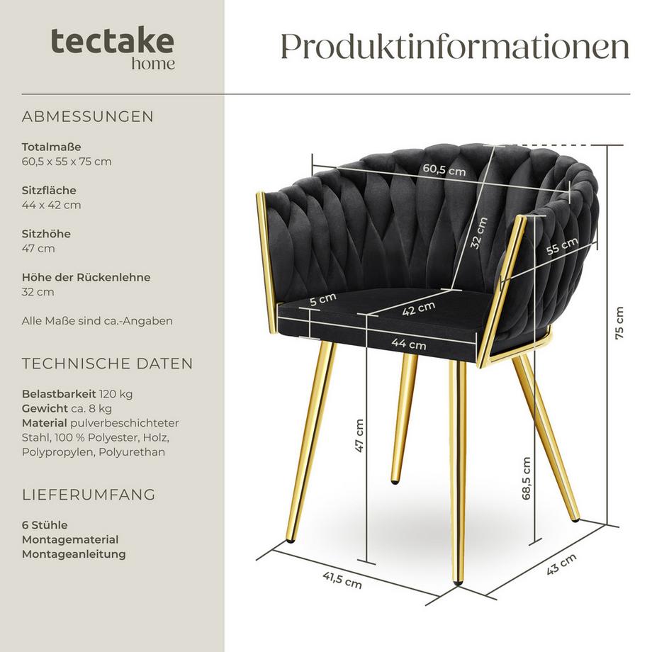 Tectake Set Esszimmerstuhl Astano gepolstert, mit Samtbezug, Knotendesign durchgehende Lehne  