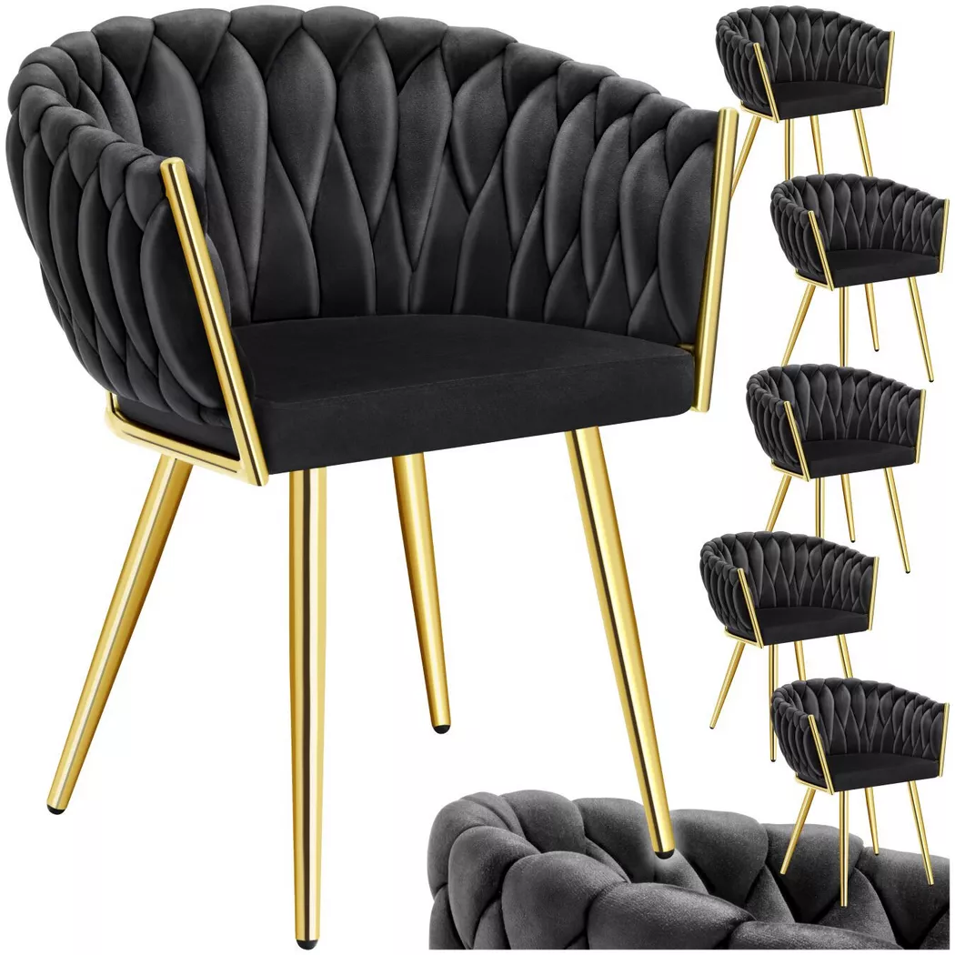 Tectake - Set de chaises salle à manger Astano velours design noué Lot 6 en noir/or -