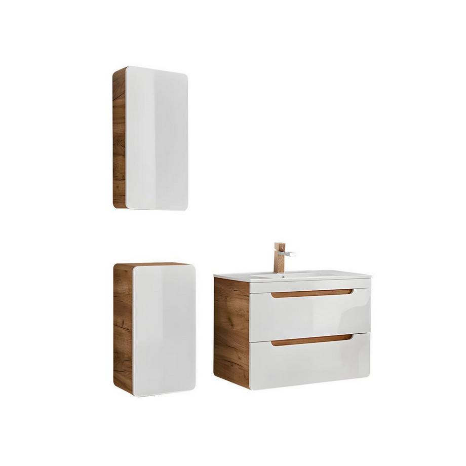 Mobile per bagno sospeso con lavabo da incasso e due colonne 80 cm Naturale e Bianco - ARUBA
