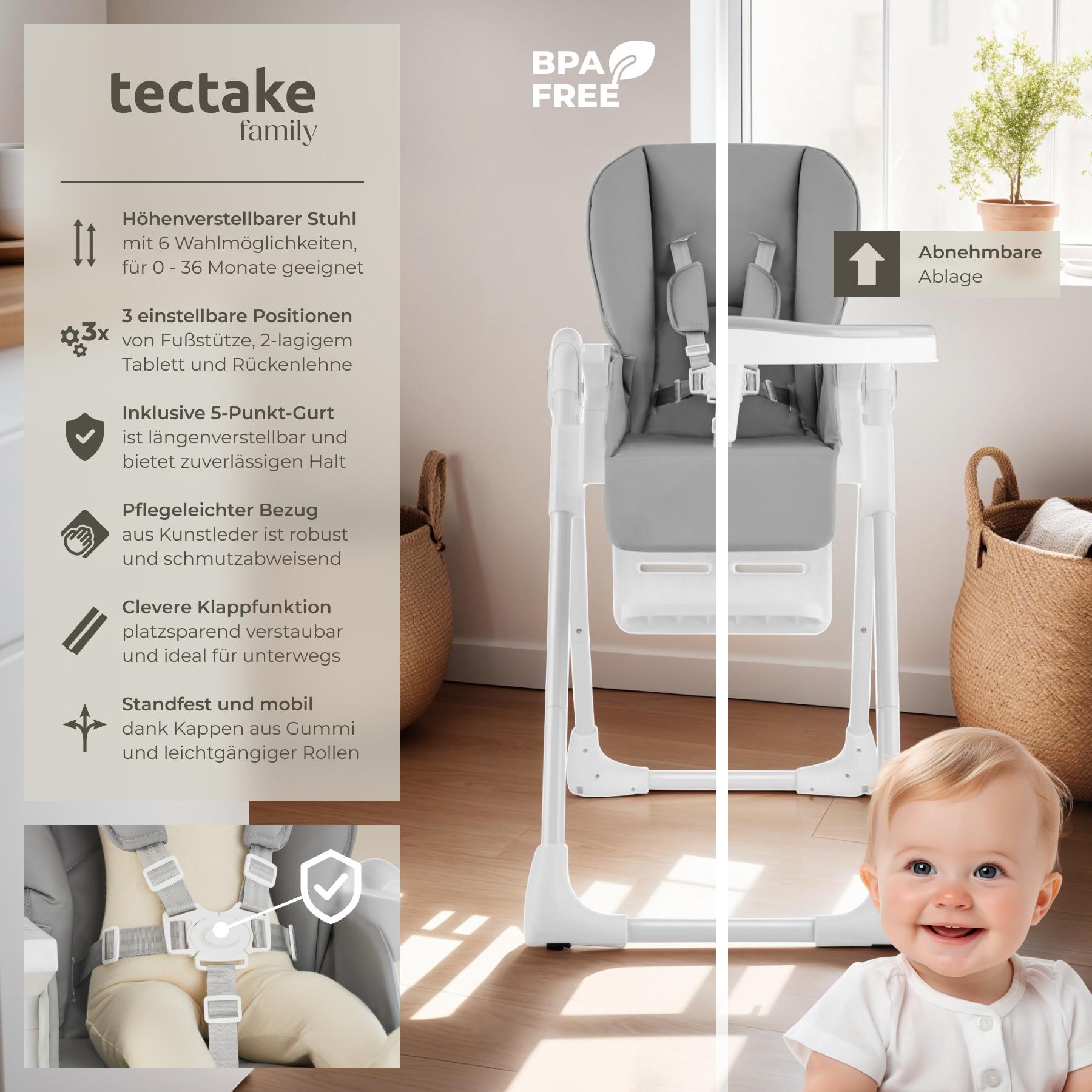 Tectake  Chaise haute SOPHIA pliable réglable en hauteur avec harnais à 5 points 