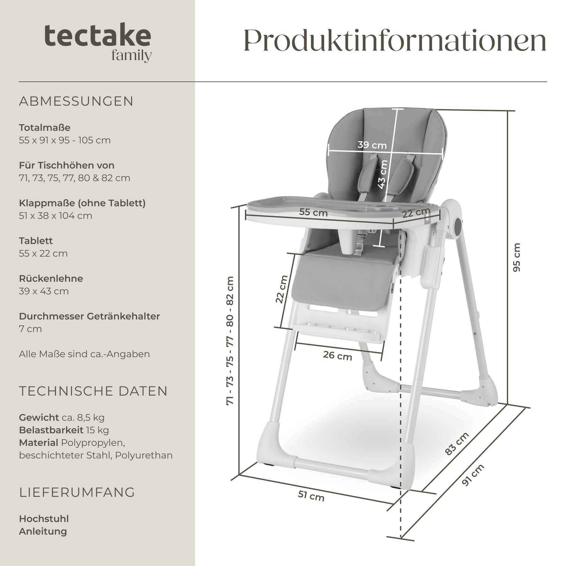 Tectake  Chaise haute SOPHIA pliable réglable en hauteur avec harnais à 5 points 