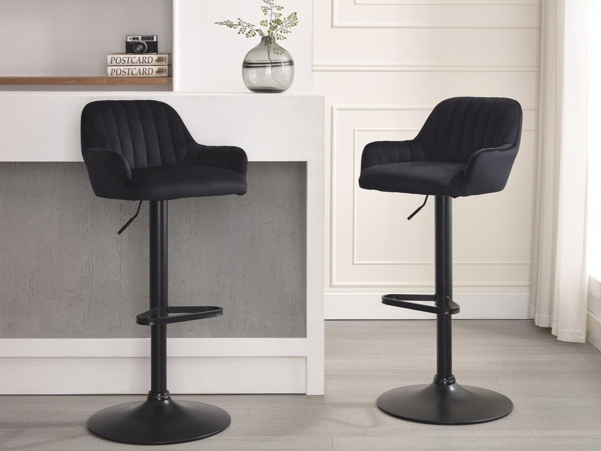 Vente-unique Tabouret de bar en velours et métal - Hauteur réglable - Noir - ELEANA  