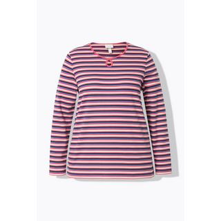 Ulla Popken  T-shirt rayé à col rond et manches longues, découpe en trou de serrure - coton bio 