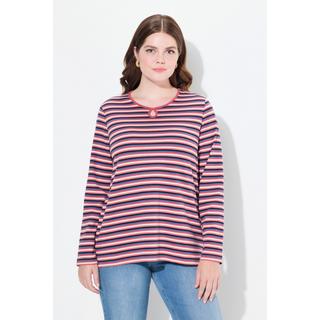 Ulla Popken  T-shirt rayé à col rond et manches longues, découpe en trou de serrure - coton bio 