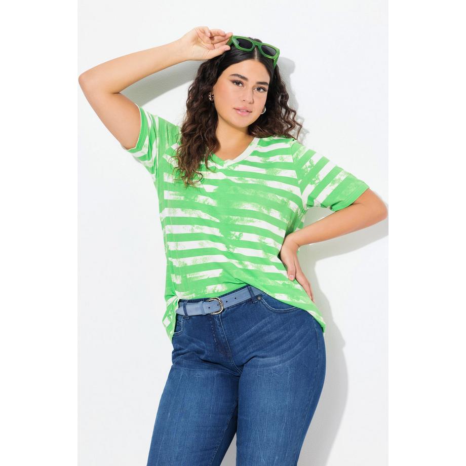 Ulla Popken Classic Gestreiftes V-Ausschnitt Halbarm T-Shirt  