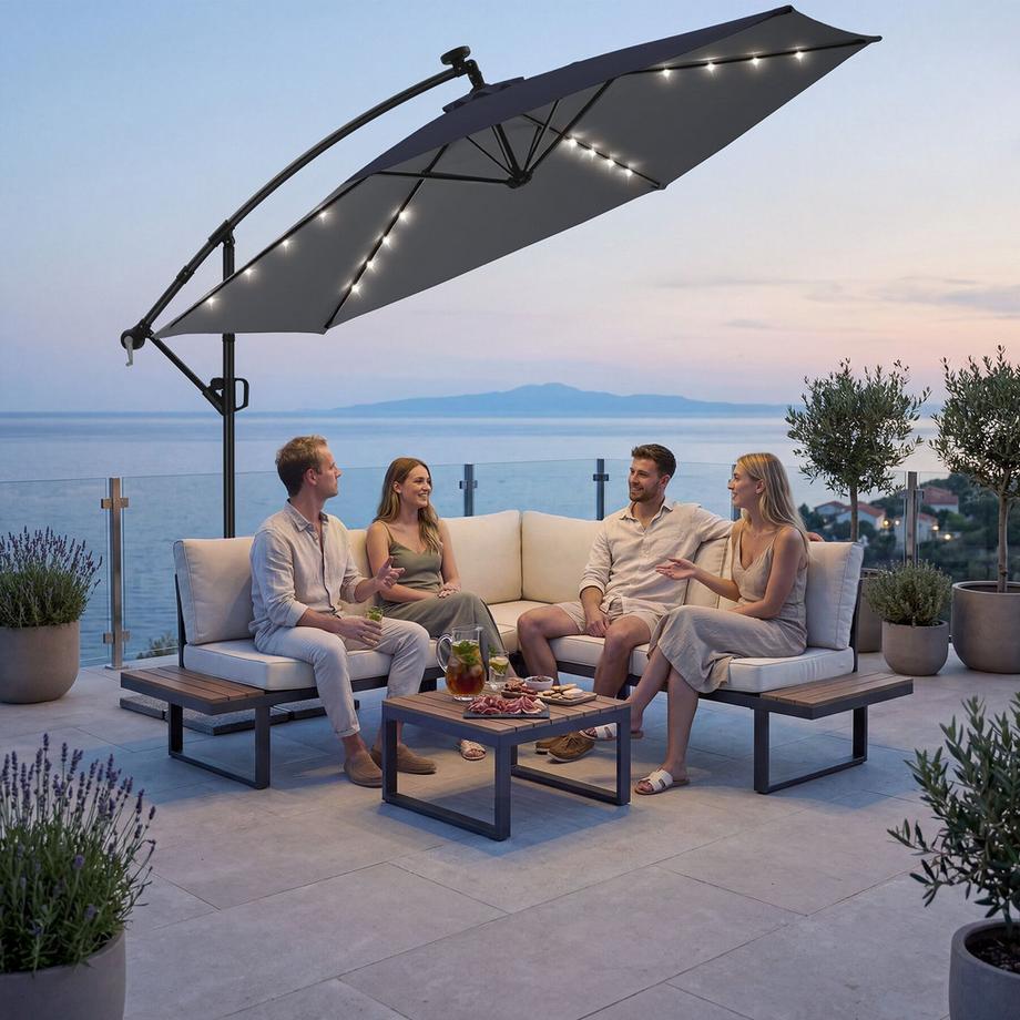 Tectake Ampelschirm Aus Stahl Polyester Mit Solar-LED- Beleuchtung 360-Grad-Drehbar UV-Schutz  