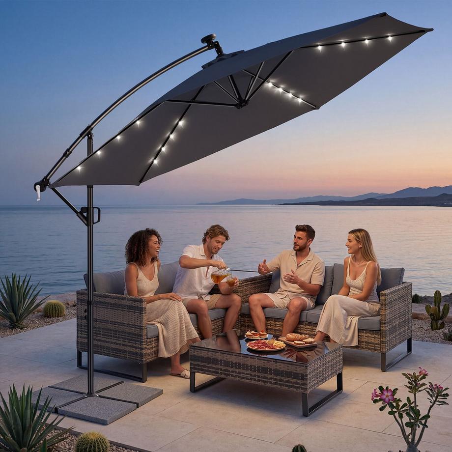 Tectake Ampelschirm Aus Stahl Polyester Mit Solar-LED- Beleuchtung 360-Grad-Drehbar UV-Schutz  