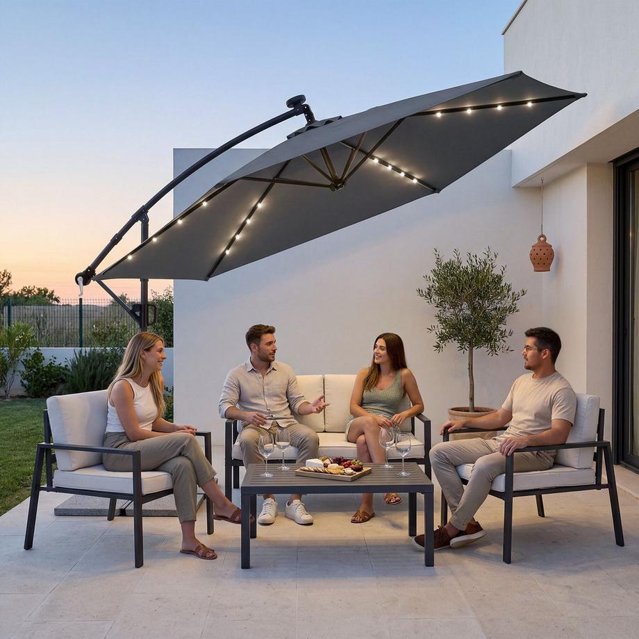 Tectake Ampelschirm Aus Stahl Polyester Mit Solar-LED- Beleuchtung 360-Grad-Drehbar UV-Schutz  
