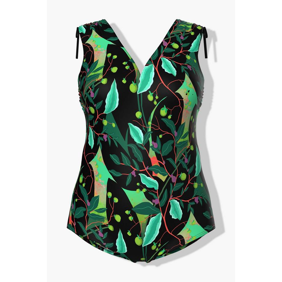 Ulla Popken Maillot de bain Imprimé feuilles Fronces aux épaules Bonnets souples  