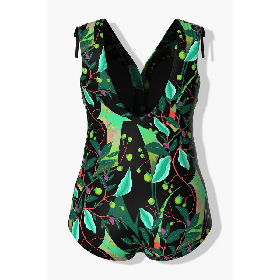 Ulla Popken Maillot de bain Imprimé feuilles Fronces aux épaules Bonnets souples  