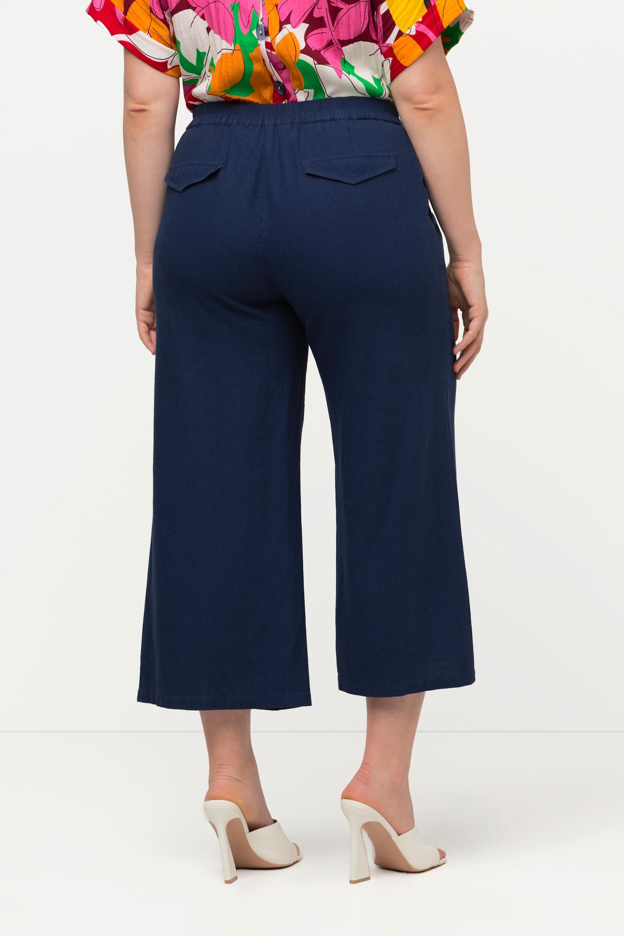 Ulla Popken  Pantalon 7/8 en lin mélangé. Taille élastique et jambe large. 