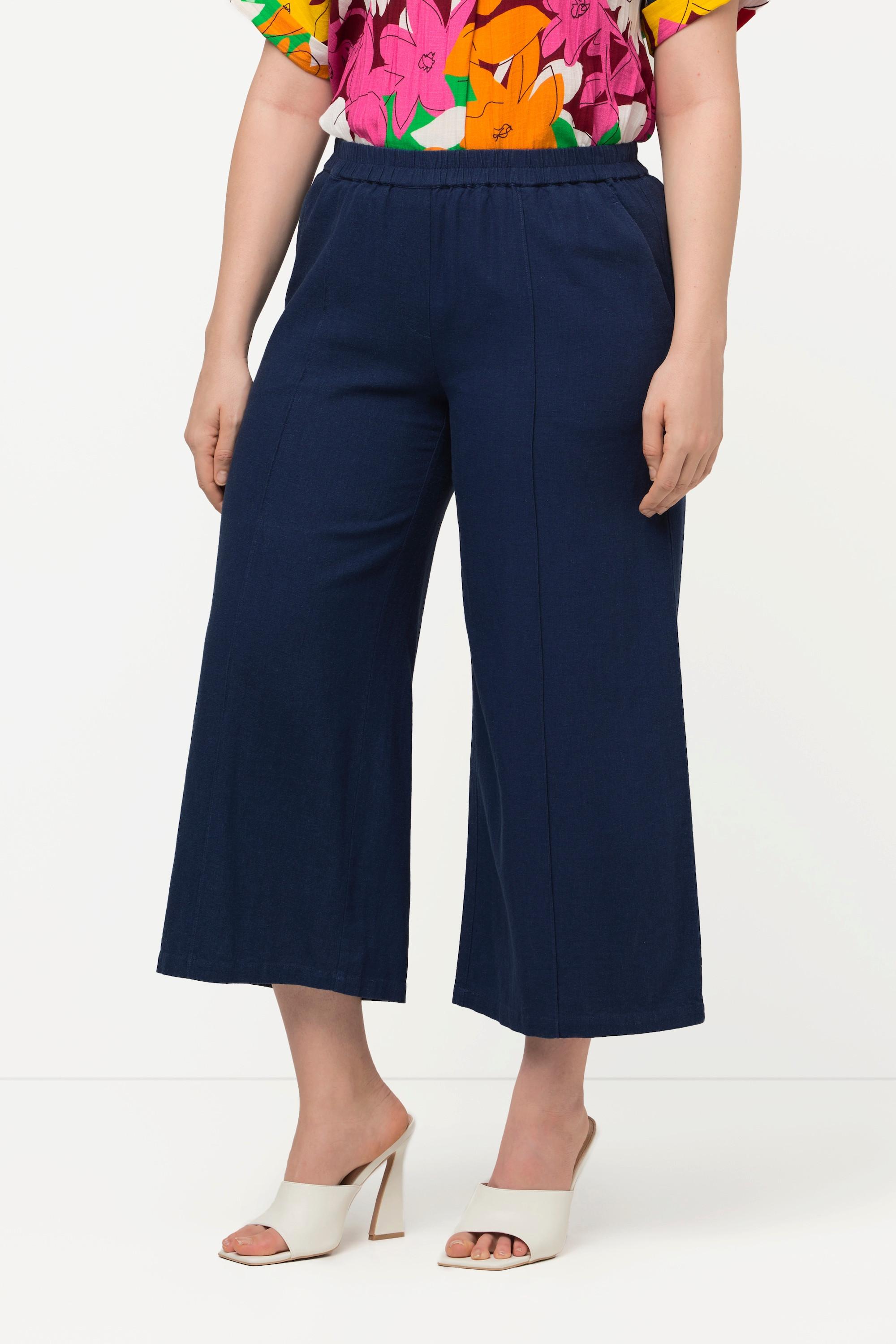 Ulla Popken  Pantalon 7/8 en lin mélangé. Taille élastique et jambe large. 