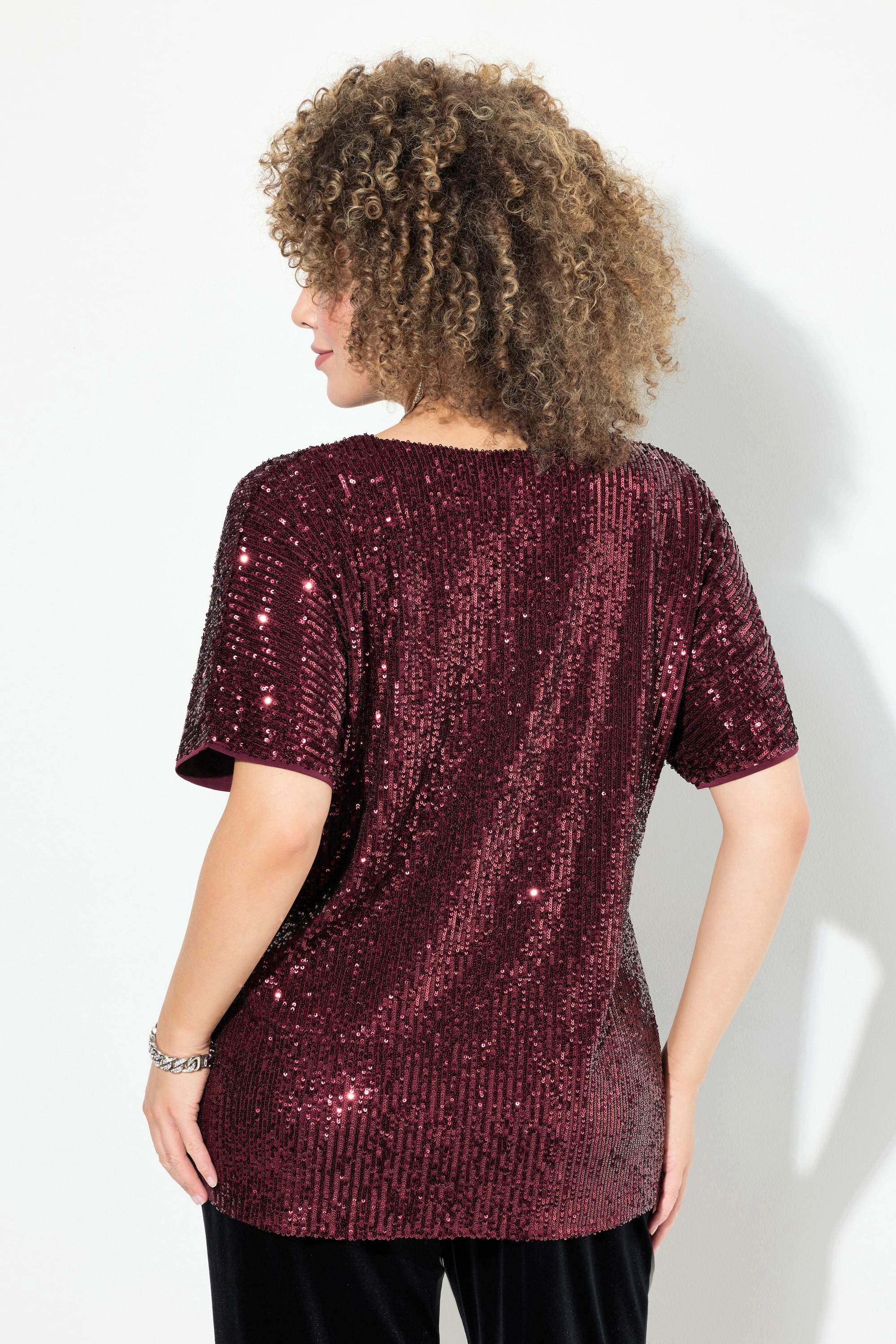 Ulla Popken  T-shirt oversized à paillettes, décolleté en V et manches courtes 