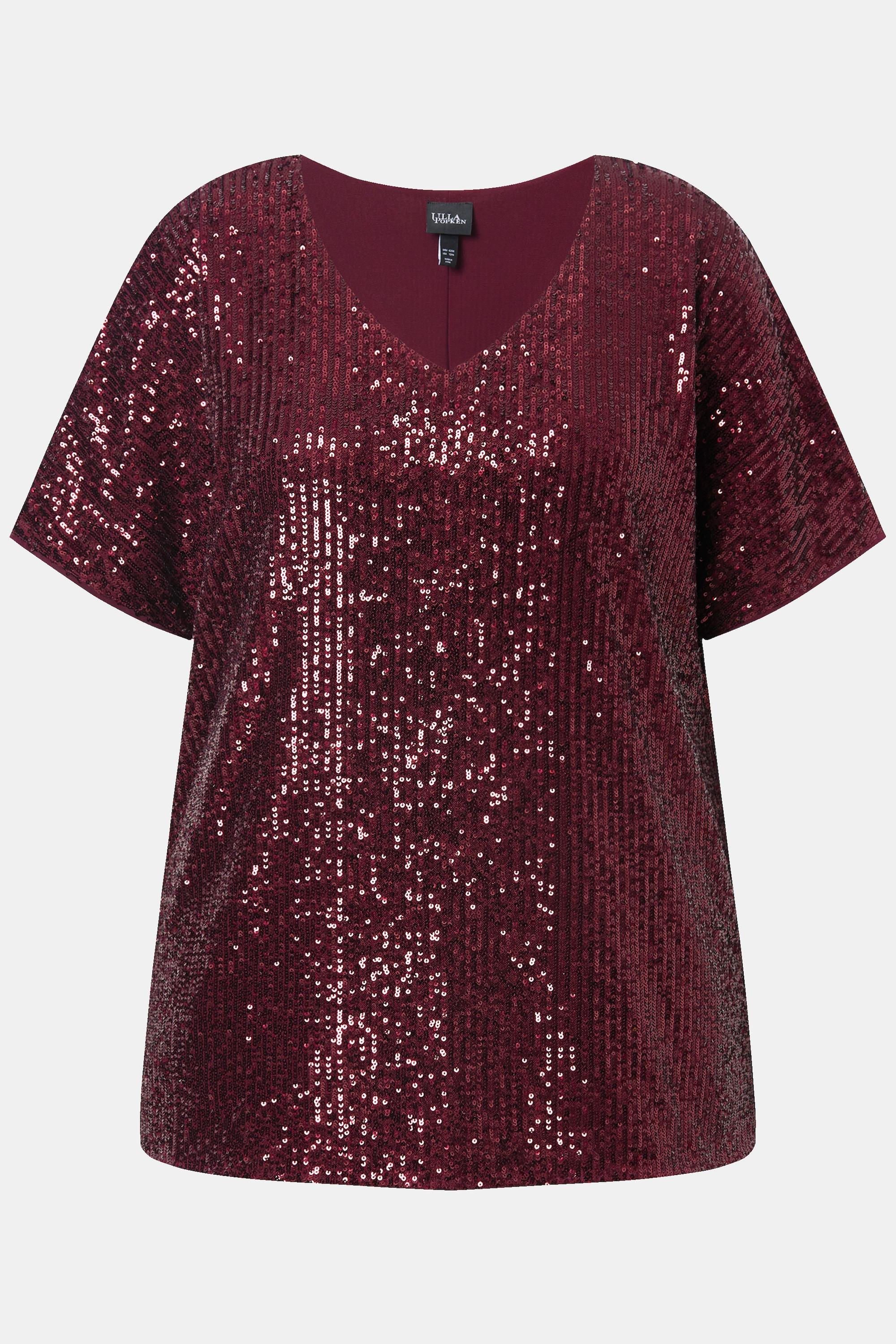 Ulla Popken  Maglia dal taglio oversize con paillettes, scollo a V e mezze maniche 